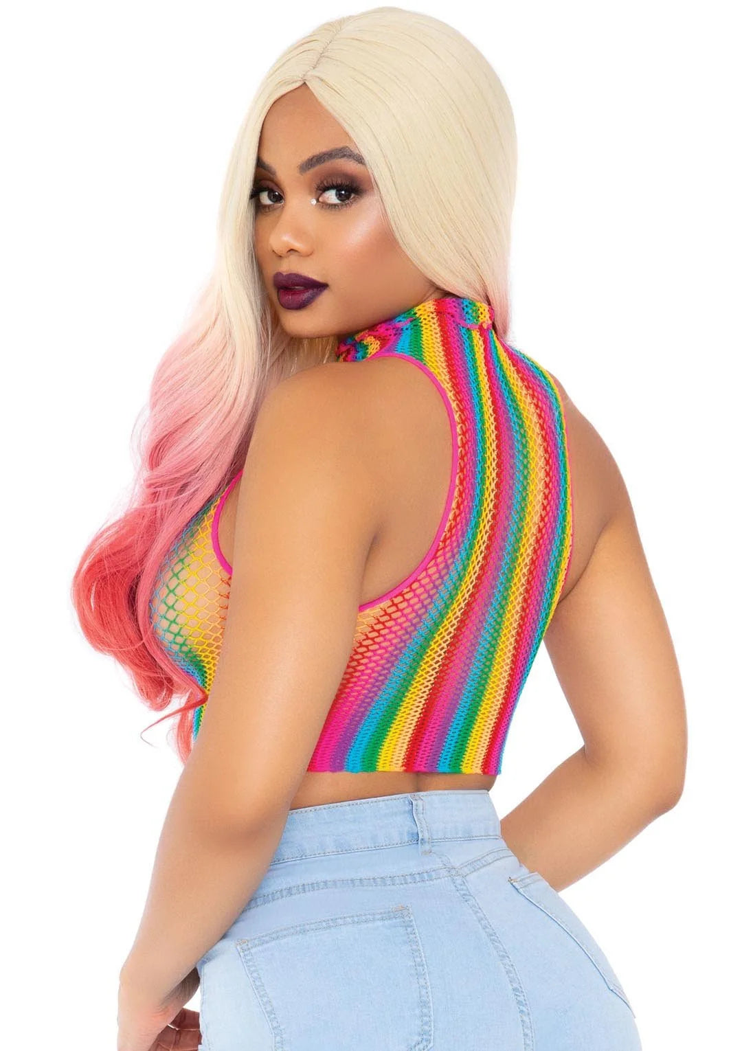 High Voltage Rainbow Fishnet Crop Top