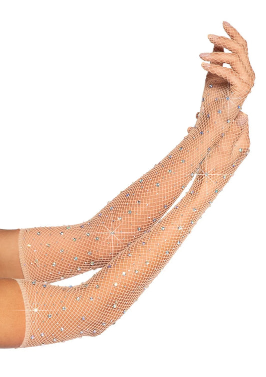 Rhinestone Fishnet Opera Length Gloves