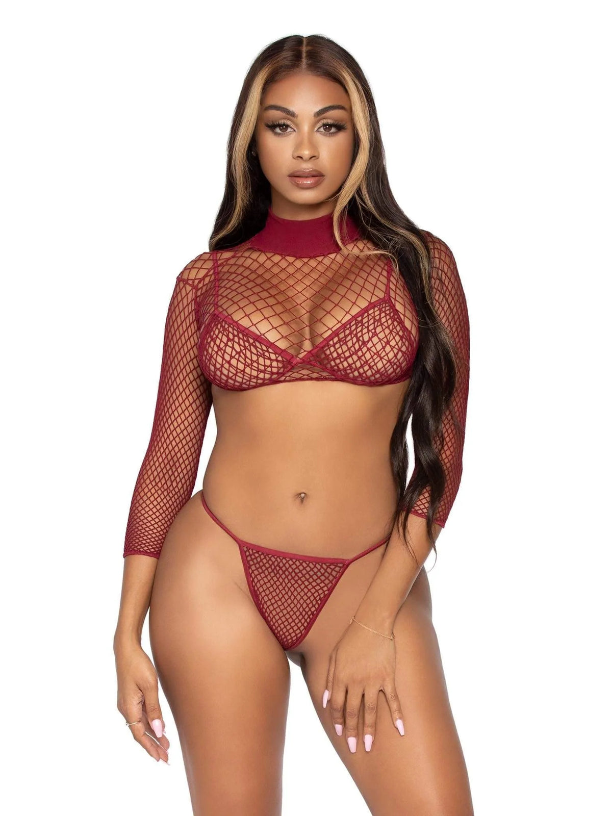 Fishnet Long-Sleeve Bikini Set