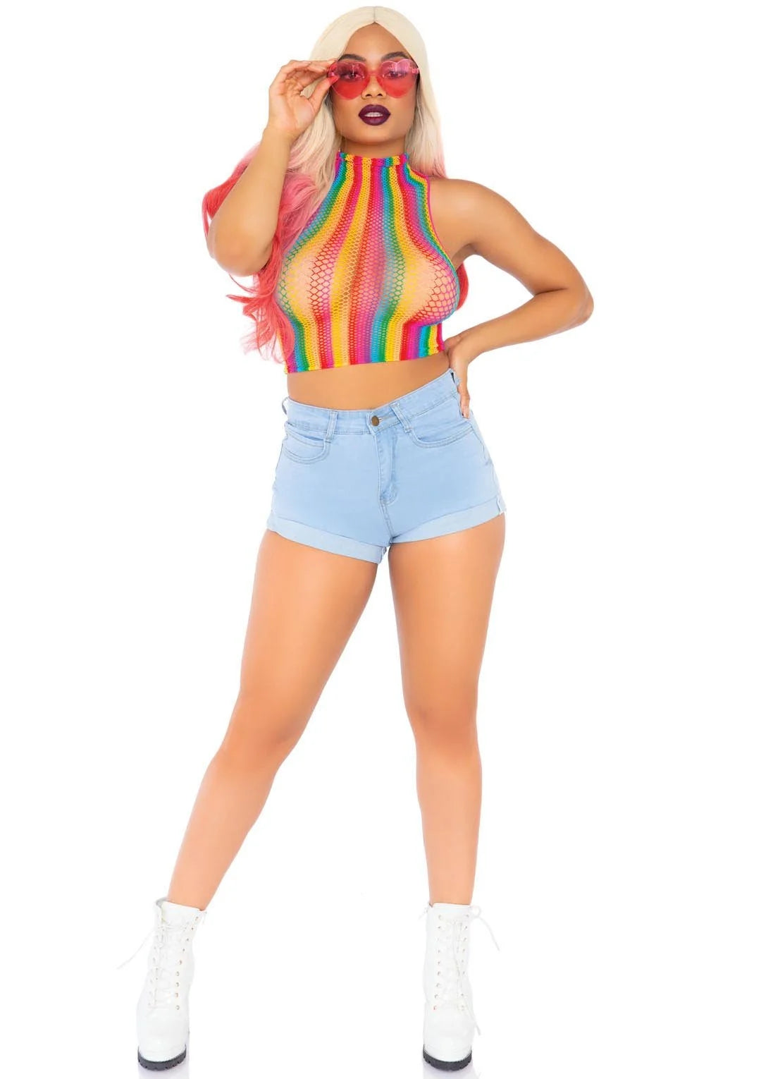 High Voltage Rainbow Fishnet Crop Top