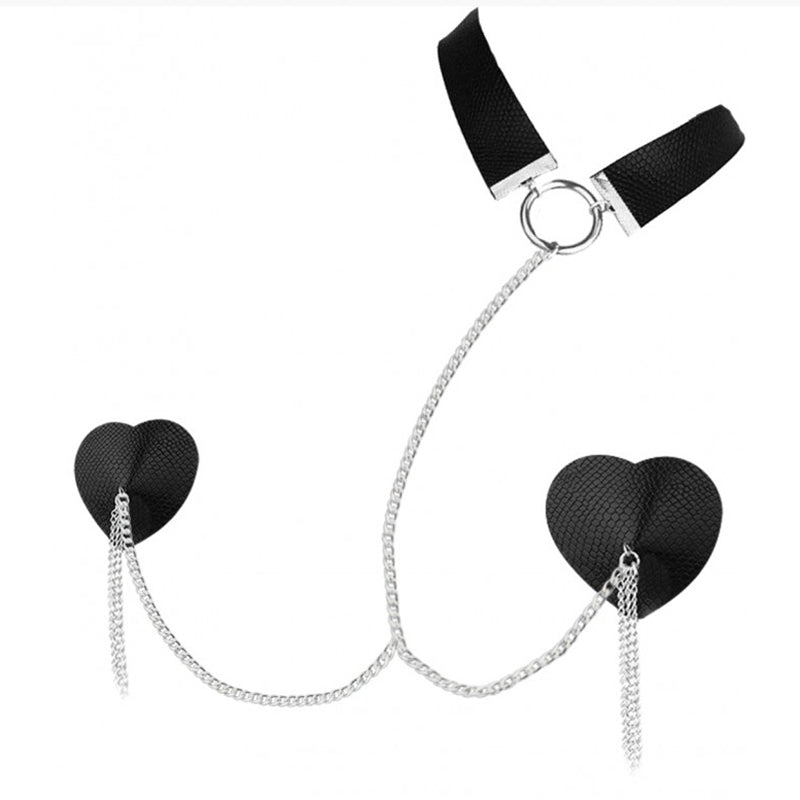 Dominatrix Leather Collar & Pasties with Chain Black